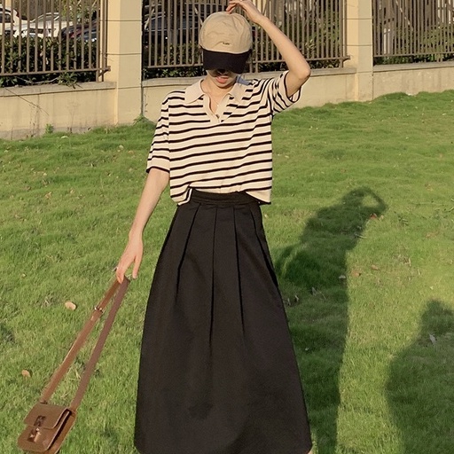 Áo thun dệt kim tay ngắn dáng rộng kẻ sọc phong cách retro hàn quốc dễ phối đồ cho nữ  Xiaozhainv