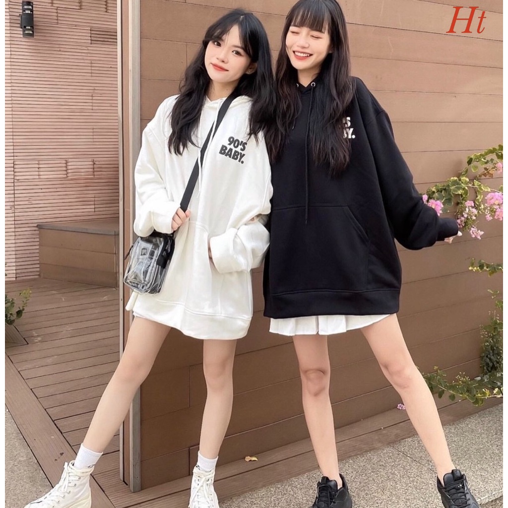 Áo hoodie 90 BABY 🤗 chất nỉ cotton form thụng Tay chuông, mũ cực xinh Màu: đen, trắng