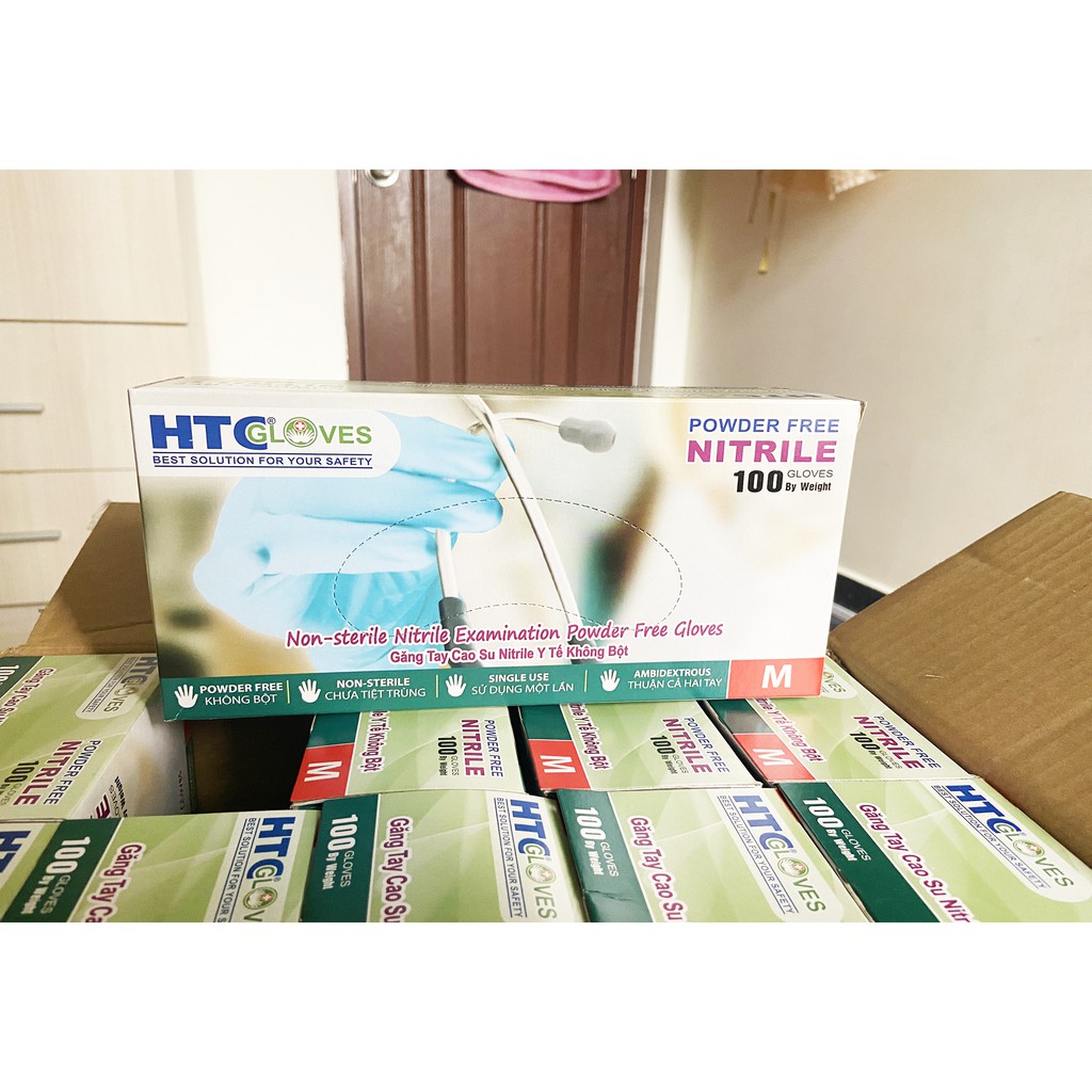 Găng Tay Cao Su Y Tế Cao cấp HTC Không Bột Nitrile – Màu Xanh Ngọc (TEAL BLUE) Đủ Size S M L / Hộp 100 Chiếc