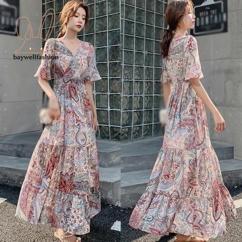 Đầm Voan Hoa Dáng Dài Cổ Chữ V Thời Trang Dành Cho Nữ