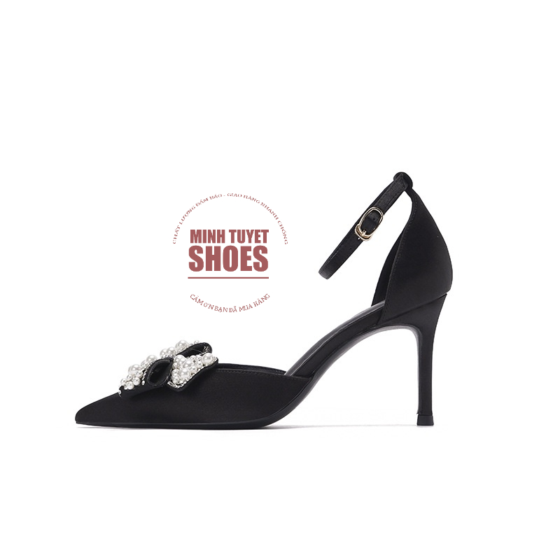 giày cao gót nữ mintuyetshoes mũi nhọn đế nhọn 7cm đính nơ đá xoàn mẫu mới mang đi tiệc đi chơi