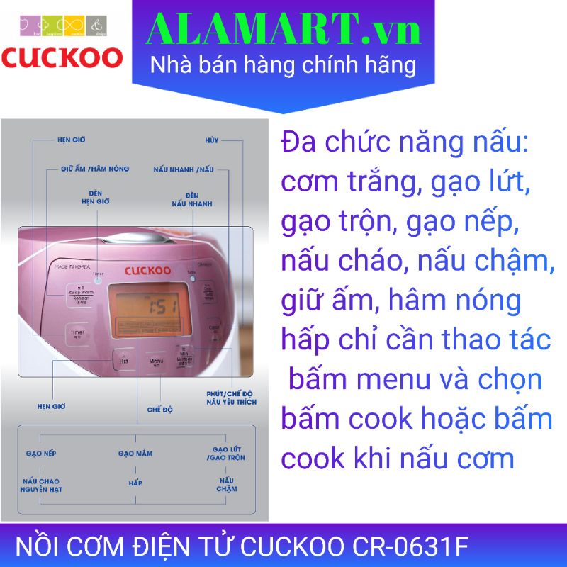 NỒI CƠM ĐIỆN TỬ CUCKOO CR-0631F 1.08 lít nhập khẩu Hàn Quốc dùng 2-4 người ăn nấu 0.5kg gạo