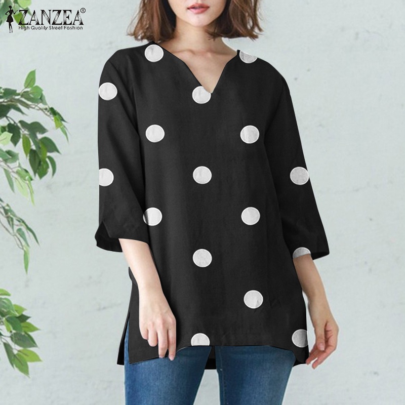 ZANZEA Áo Nữ Tay 3 / 4 Cổ Chữ V Họa Tiết Chấm Bi Thời Trang