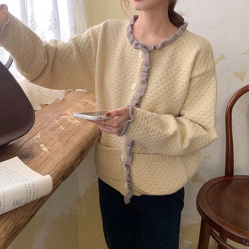 Áo khoác Cardigan dệt kim cổ tròn tay dài dáng rộng phong cách Hàn Quốc mới