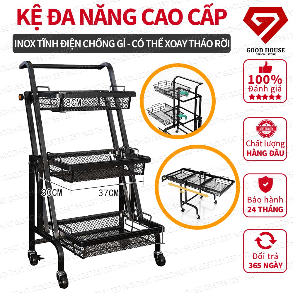 Kệ Để Đồ Đa Năng 3 Tầng Gấp Gọn Goodhouse Có Bánh Xe Tiện Lợi - Thép Carbon Sơn Tĩnh Điện Cao Cấp - Bền Bỉ - Tiện Lợi