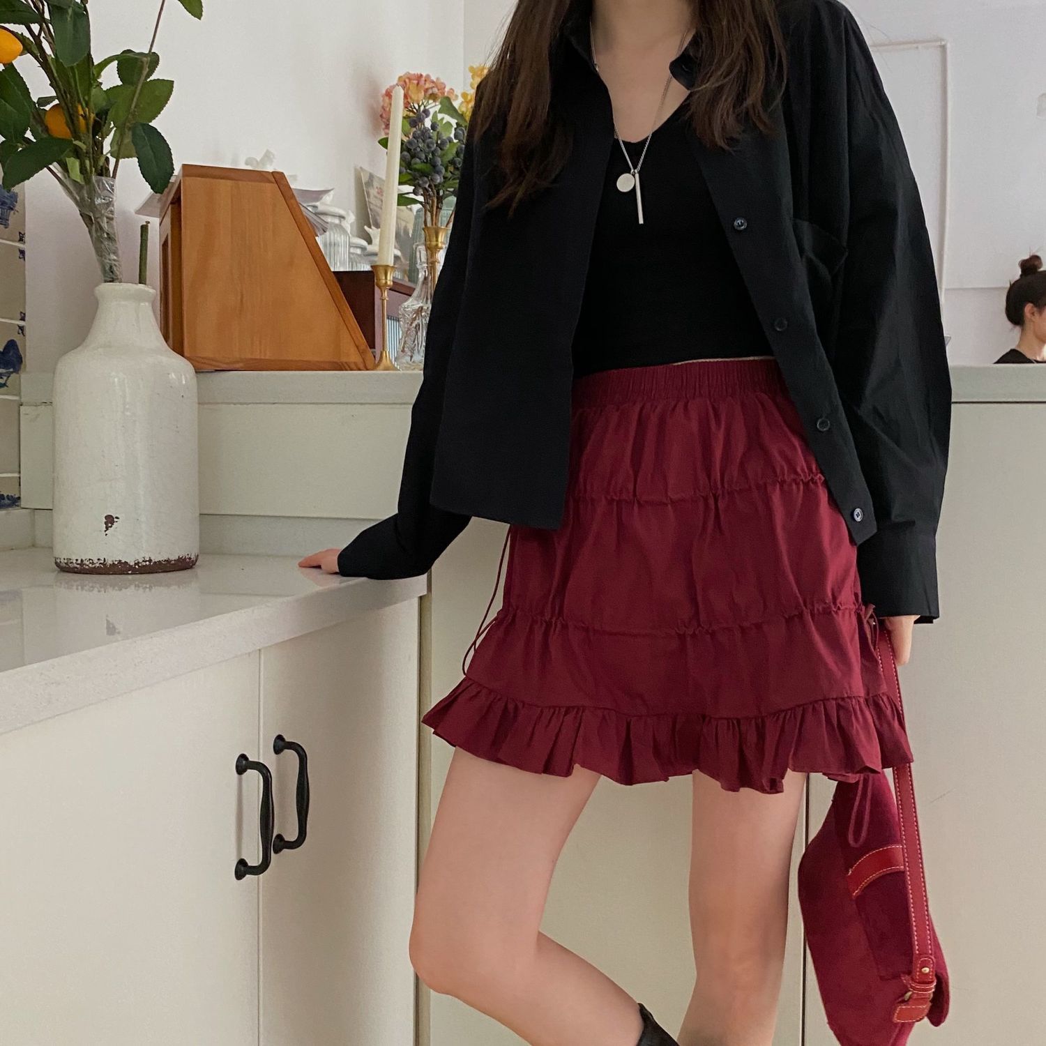 French Retro Sweet Girl Red High-Waist Slimming Short Skirt Elastic Waist Skirt 2021 | BigBuy360 - bigbuy360.vn