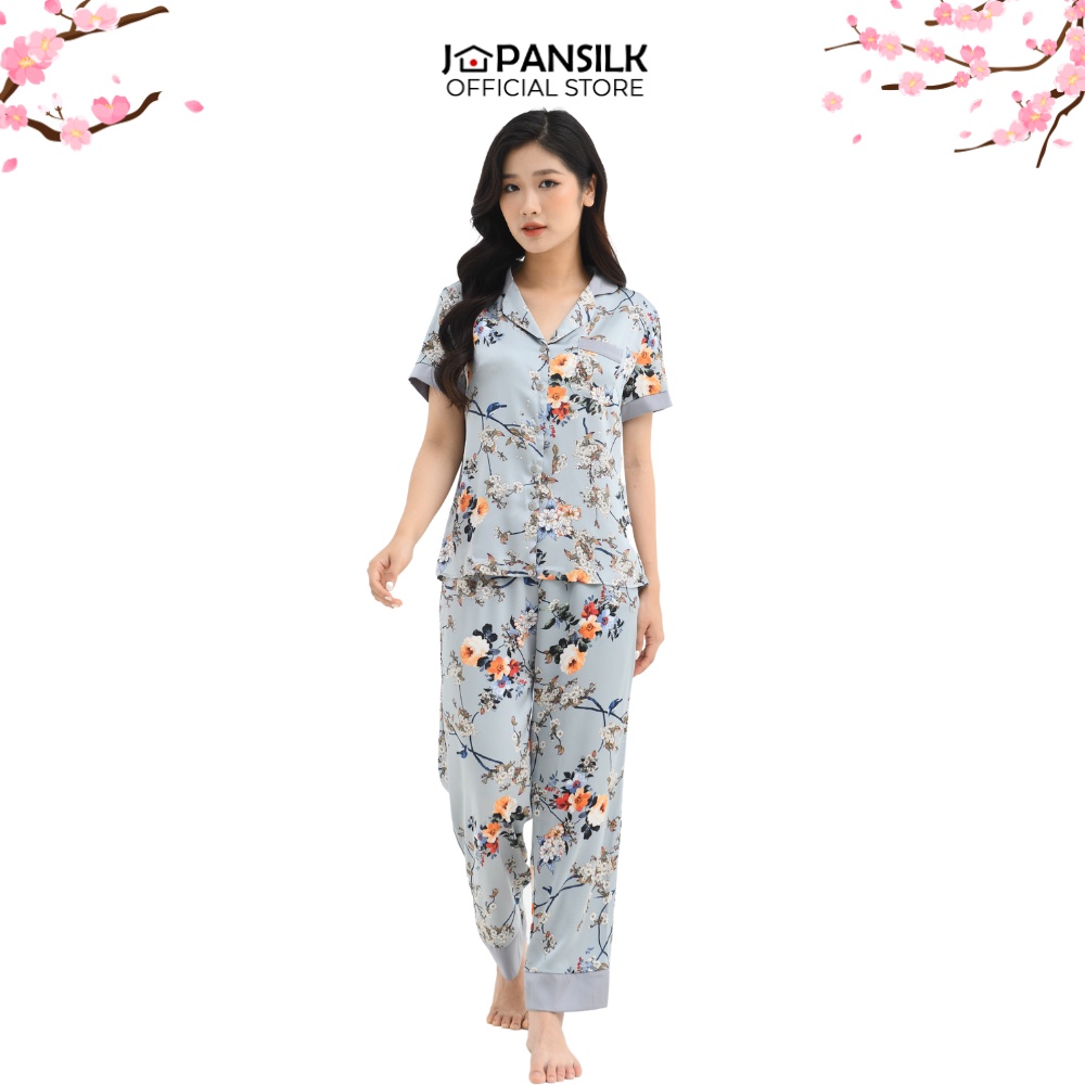 Bộ đồ ngủ Bigsize Pijama lụa Nhật cao cấp JAPANSILK, ngắn tay quần dài họa tiết xuân xanh CD023