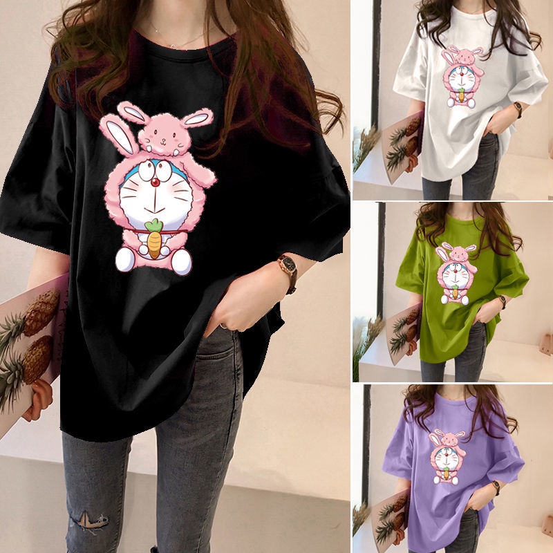 Áo Thun Tay Lỡ Dáng Rộng In Họa Tiết Hoạt Hình Doraemon Thời Trang Mùa Hè Cho Nữ 40-100kg M-5XL