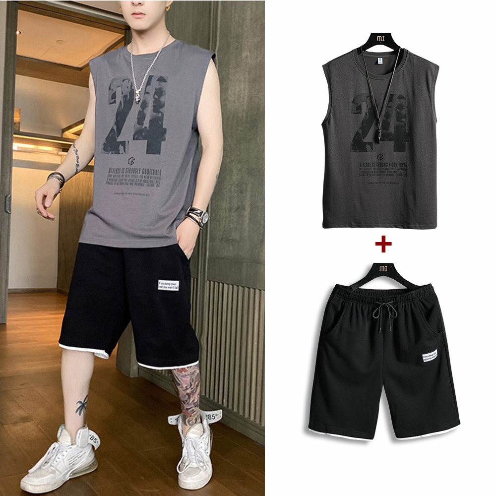 Bộ Đồ Thun Nam 24 Áo 3 Lỗ Khoét Nách Cổ Tròn Quần Short Đùi Thể Thao Có Túi MENFASHION 90000160C