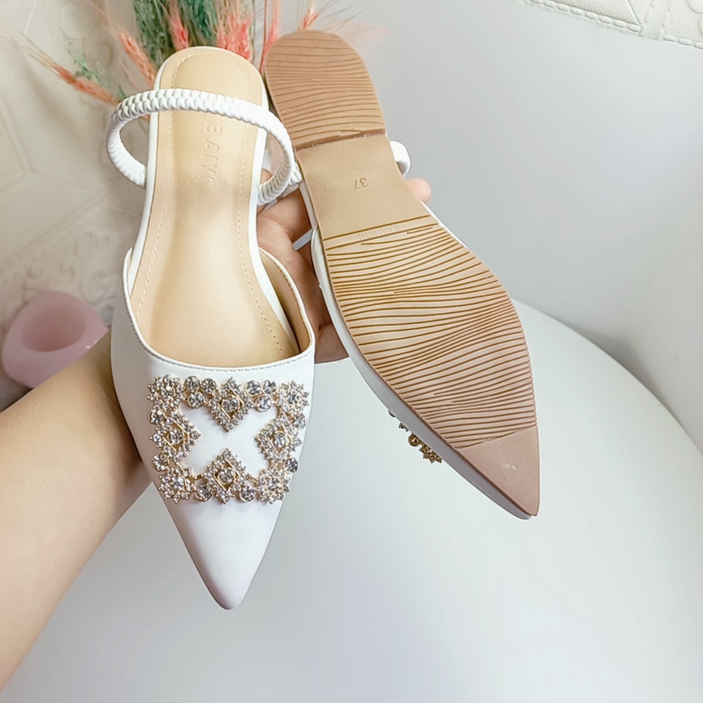 Giày nữ đế bệt bít mũi đính đá sục mũi nhọn quai ngang đi được 2 kiểu mẫu mới Minhtuyetshoes