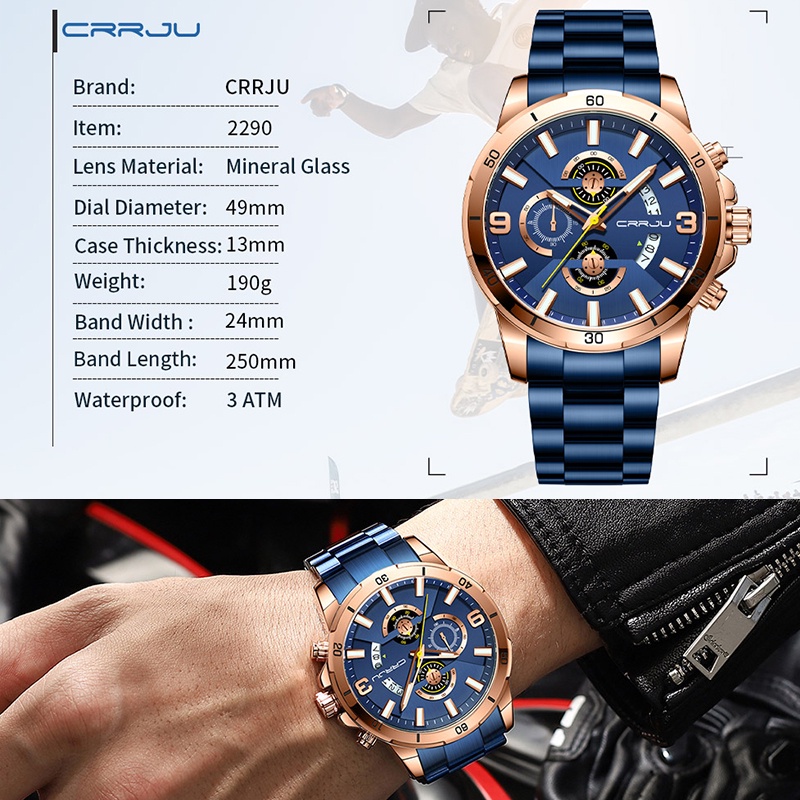 Đồng hồ nam CRRJU Sang trọng Thể thao Thông thường Đa chức năng Thép không gỉ Thạch anh chống thấm nước 2290