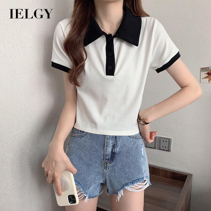 Áo thun polo IELGY tay ngắn cổ bẻ màu sắc tương phản thời trang đơn giản dành cho nữ