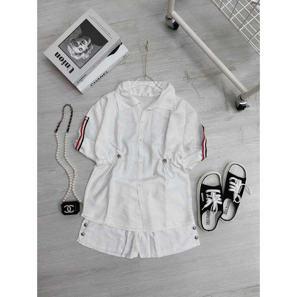 Set đồ nữ sơ mi thom, Set bộ nữ áo sơ mi viền tay và quần đùi xẻ tà đóng cúc siêu hot