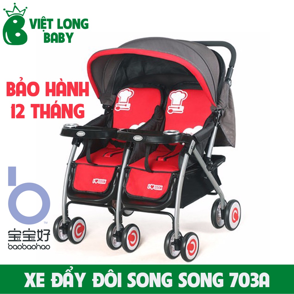 Xe đẩy đôi cho bé BAOBAOHAO 703a có khay bàn ăn kèm màn che - Bảo hành 1 năm