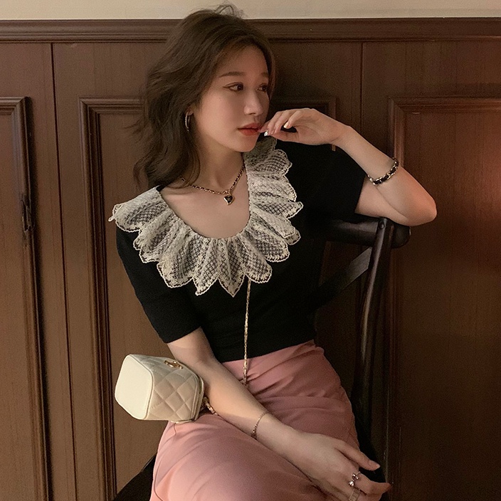 Áo croptop SUXI ngắn tay ôm dáng phối cổ cánh hoa xinh xắn cho nữ