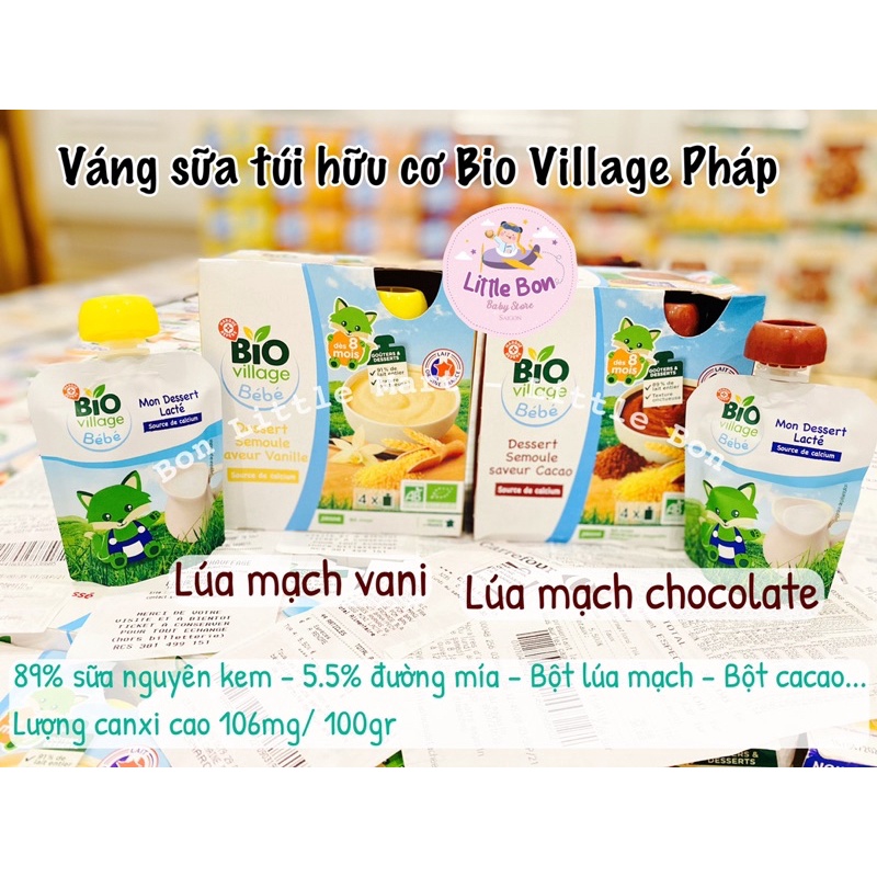 Váng sữa/ Sữa chua/ Trái cây nghiền túi Bio Village Pháp bay air 85gr/ túi