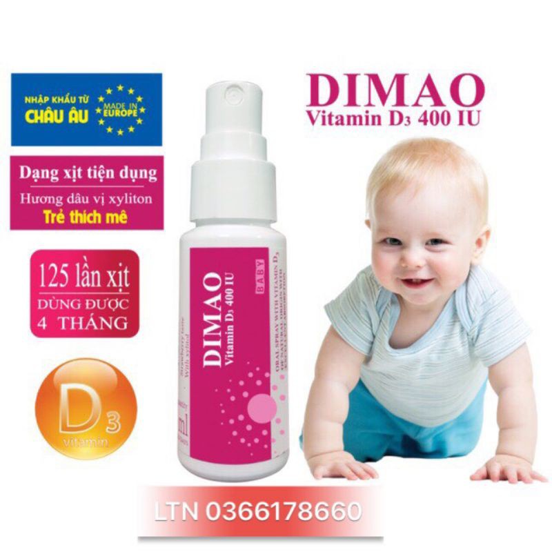 Dimao - Vitamin D3 Dạng Xịt 400IU, Hàng Nhập Khẩu Châu Âu, Hương Dâu, Hiệu Quả Và Hấp Thu Tốt