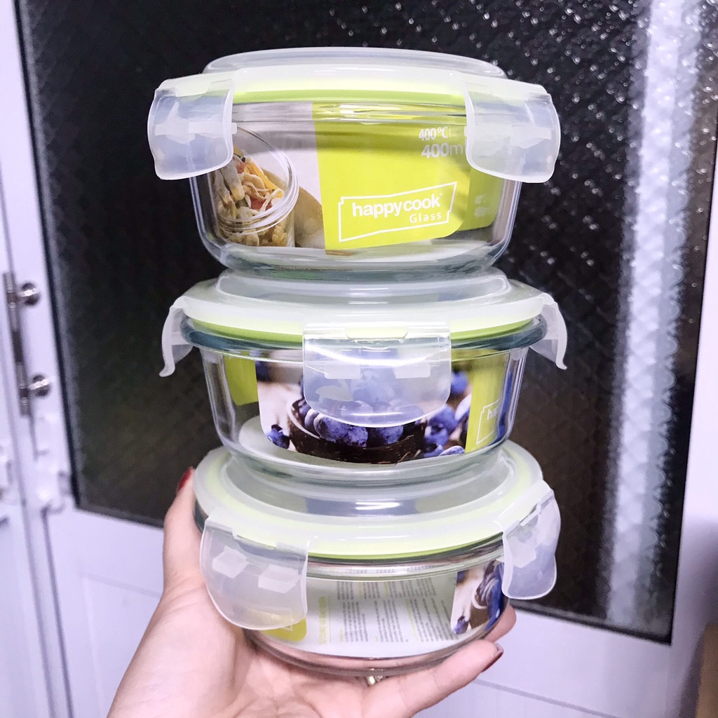 Bộ 3 thố thủy tinh 400ml hàng Happy Cook có túi giữ nhiệt đựng kèm như hình