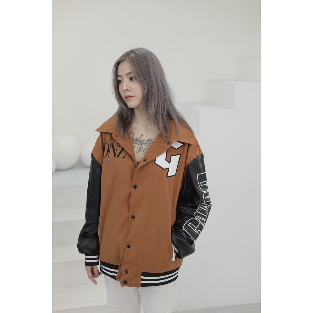 [N2] Áo Khoác Form Rộng Da Lộn Phối Tay Da Leather Seeve Jacket Varsity V16 - Màu Nâu