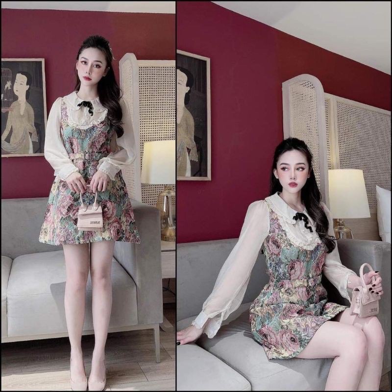 Đầm Gấm Cổ Nơ(video thật)