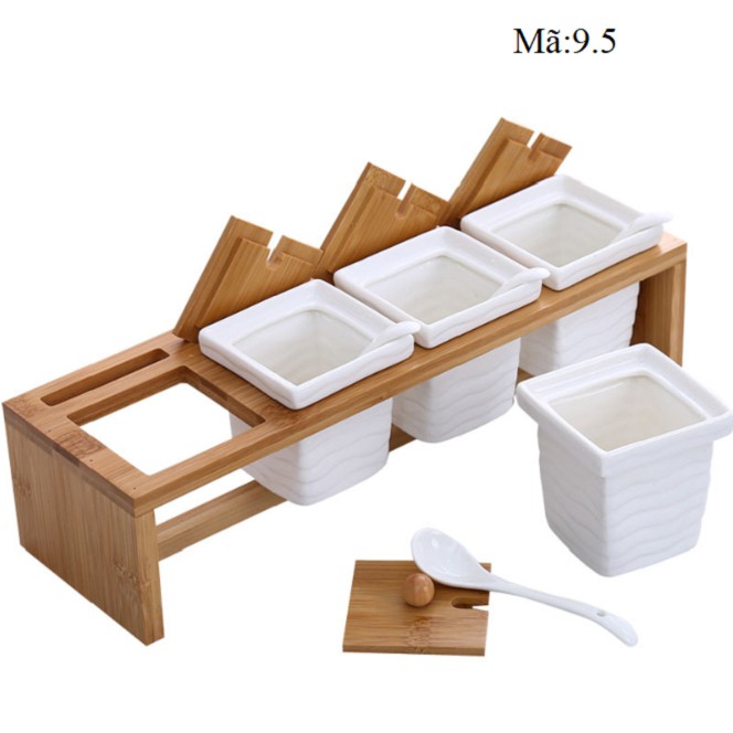 Bộ 4 hũ gia vị bằng sứ kèm giá trúc gọn gàng, dụng cụ nhà bếp: 9.5 và 9.30