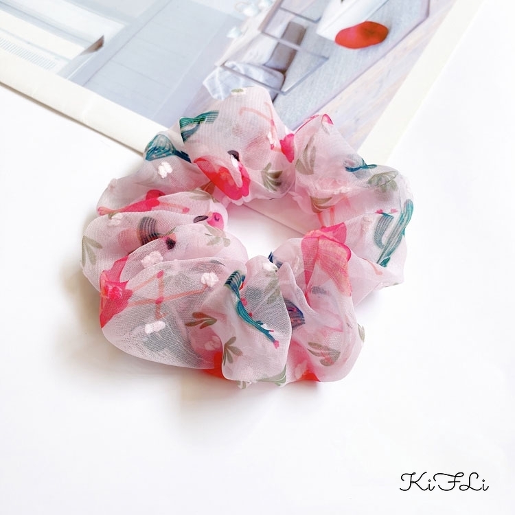 Dây Buộc Tóc Chiffon Họa Tiết Chim Hồng Hạc Dễ Thương Cho Nữ KIFLI