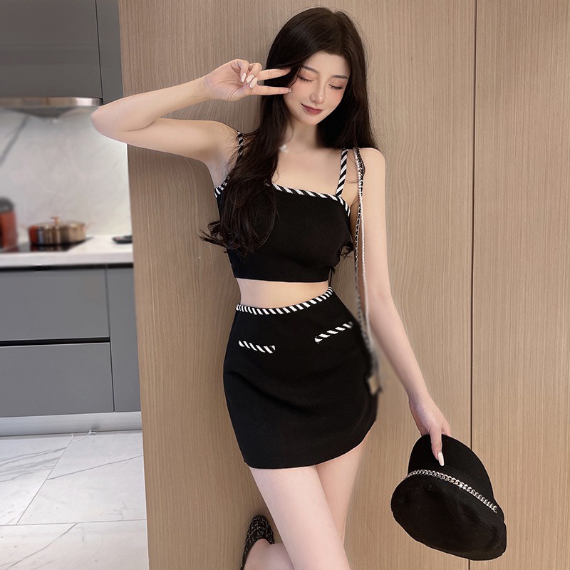 Bộ Áo Croptop Không Tay + Chân Váy Lưng Cao Dáng Ôm Gợi Cảm Thời Trang Hàn Quốc Cho Nữ