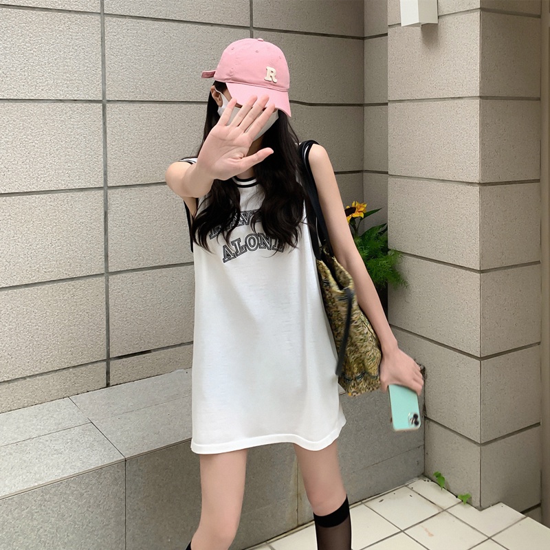 Áo dệt kim nữ ZHELIHANGFEI sát nách dáng rộng in chữ phong cách thể thao dễ phối đồ