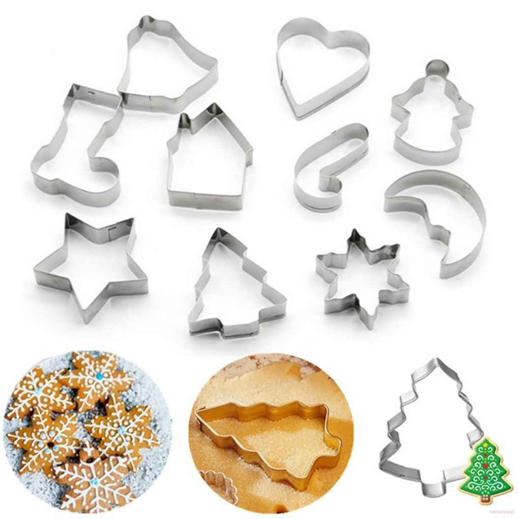 10pcs/set Stainless Steel Christmas Cookie Cutters Xmas Tree Star House Bells Snowflake Baking Cake Biscuit Fondant Mold fashionroad.vn