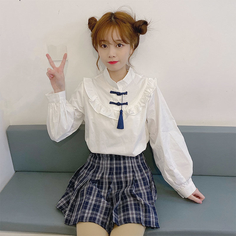 Áo Sơ Mi Dài Tay Cổ Đứng Phối Nút Thời Trang Cho Nữ