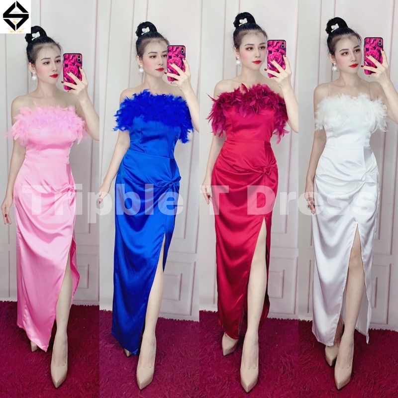 Đầm maxi body cúp lông xẻ đùi siêu xinh TRIPBLE T DRESS - Free size dưới 54kg