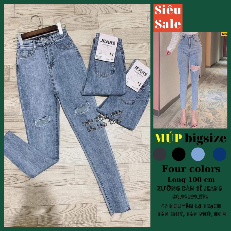 Quần Dài Co Giãn Jeans Nữ Bigsize, Xanh Đá Rách Kiểu, Lưng Cao Trên Rốn