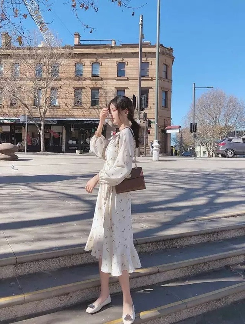 Đầm chiffon tay dài eo cao in họa tiết hoa thanh lịch cho nữ | BigBuy360 - bigbuy360.vn