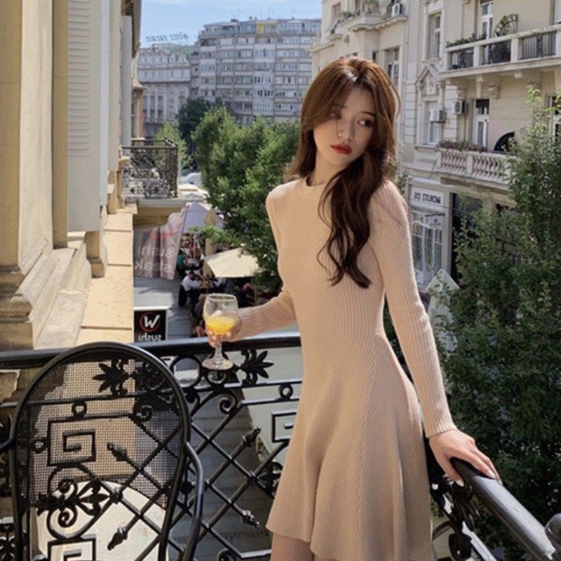 Đầm Sweater Dệt Kim Cổ Tròn Thiết Kế Thanh Lịch Cho Nữ