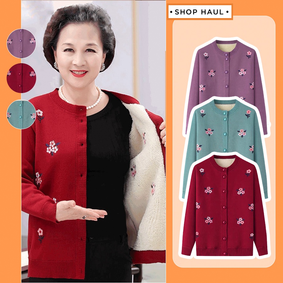 Áo len cadigan lót lông trung niên cho bà, Áo khoác lót lông cardigan Shop Haul - AL-OLD1