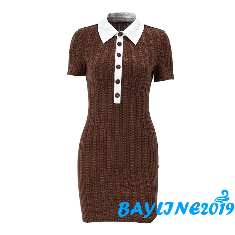 Đầm Dệt Kim Ngắn Tay Ôm Dáng Xẻ Tà Cài Nút Màu Sắc Tương Phản Cho Nữ