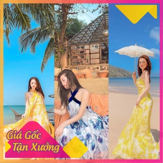 Váy maxi vàng / xanh cổ yếm