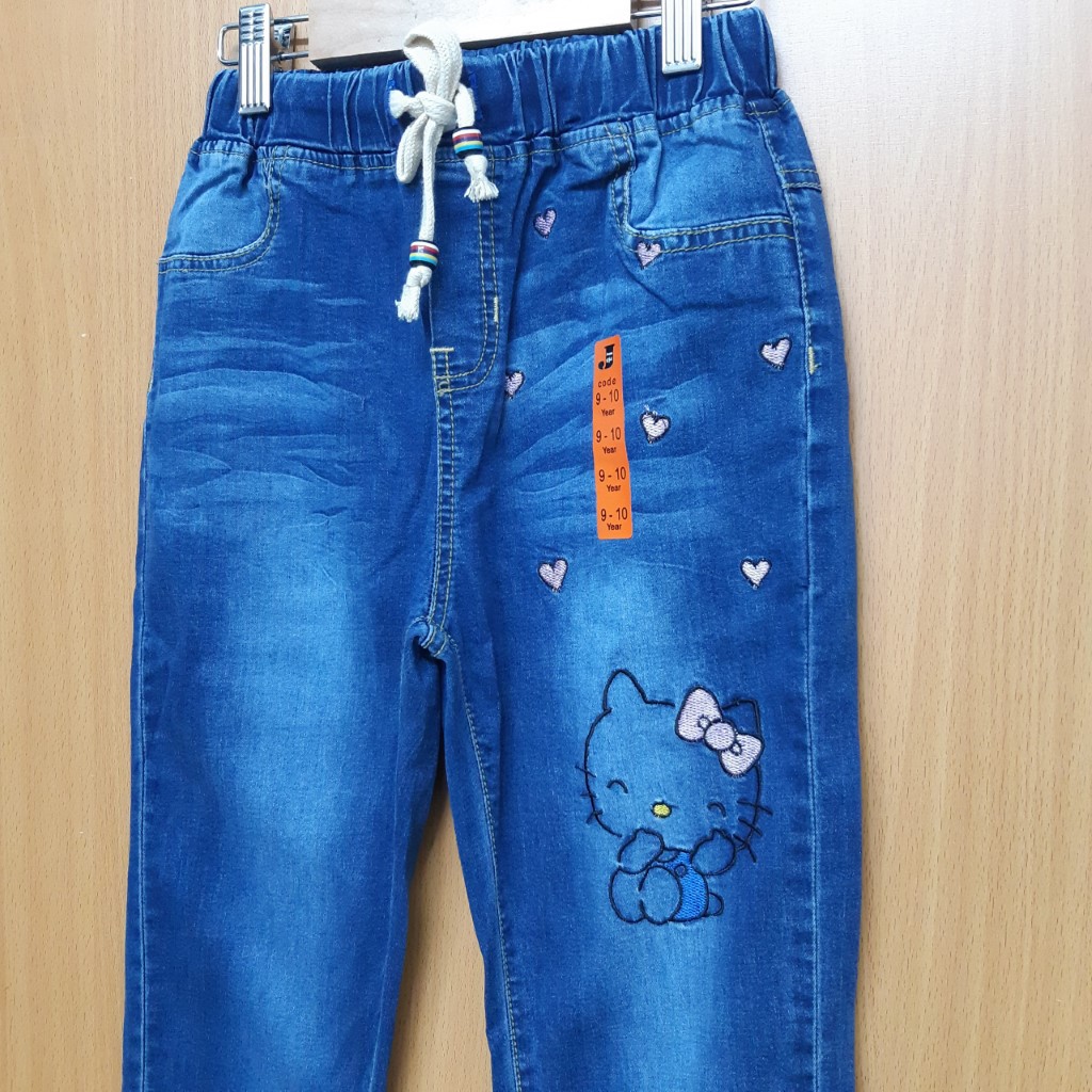 DG149-Q-03 - Quần jean dài bé gái , thêu hình kitty , màu xanh , size đại , co giãn nhẹ , made in Việt Nam.