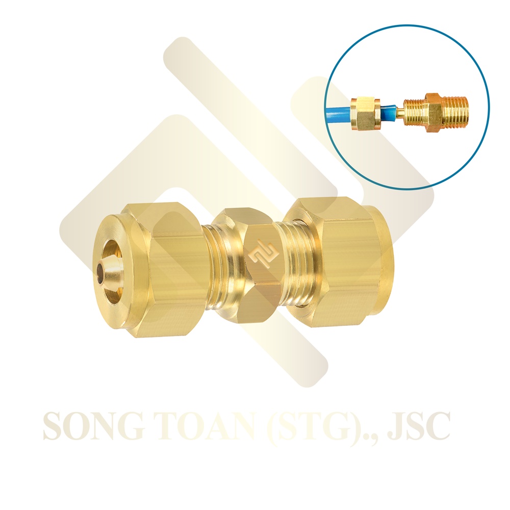 Nối cắm hai đầu lòng trong xiết nón cho ống nhựa PU khí nén chất lỏng phun sương hơi nước - Đồng thau