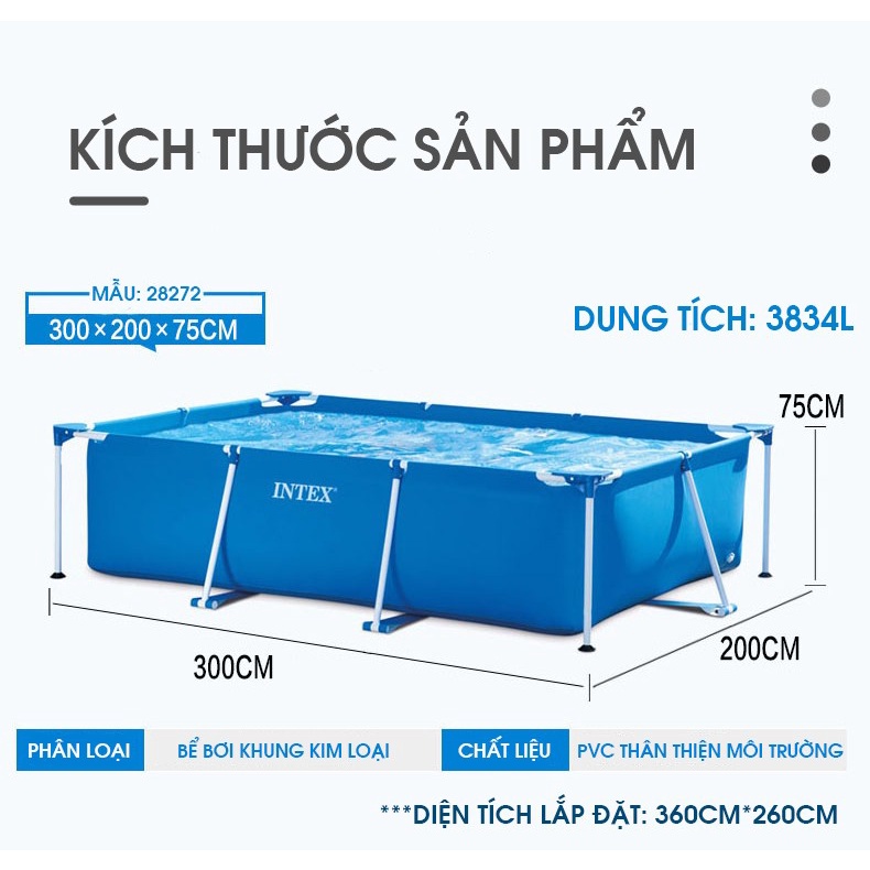 Bể bơi thành cao, khung kim loại chữ nhật, gấp gọn INTEX - Bể bơi cho bé, bể bơi kim loại, bể bơi di động