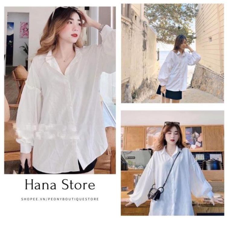 Áo Sơ Mi Nữ Form Rộng Tay Phồng Viền Bèo ❤️ Hana Store - Freeship ❤️ Sơ mi dáng dài màu trắng, thiết kế tiểu thư ྇ ྇