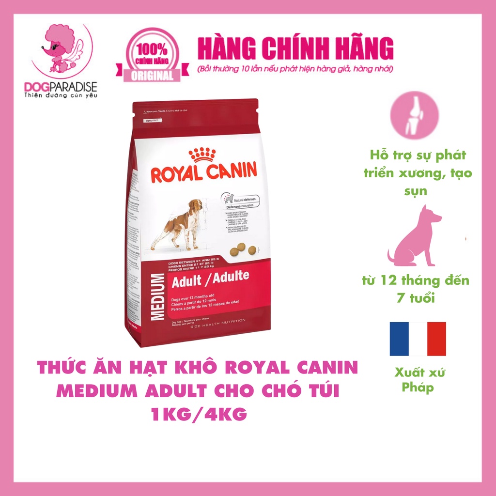 Thức ăn hạt khô cao cấp Royal Canin Medium Adult cung cấp năng lượng dành cho chó trưởng thành 1kg/4kg - Dog Paradise