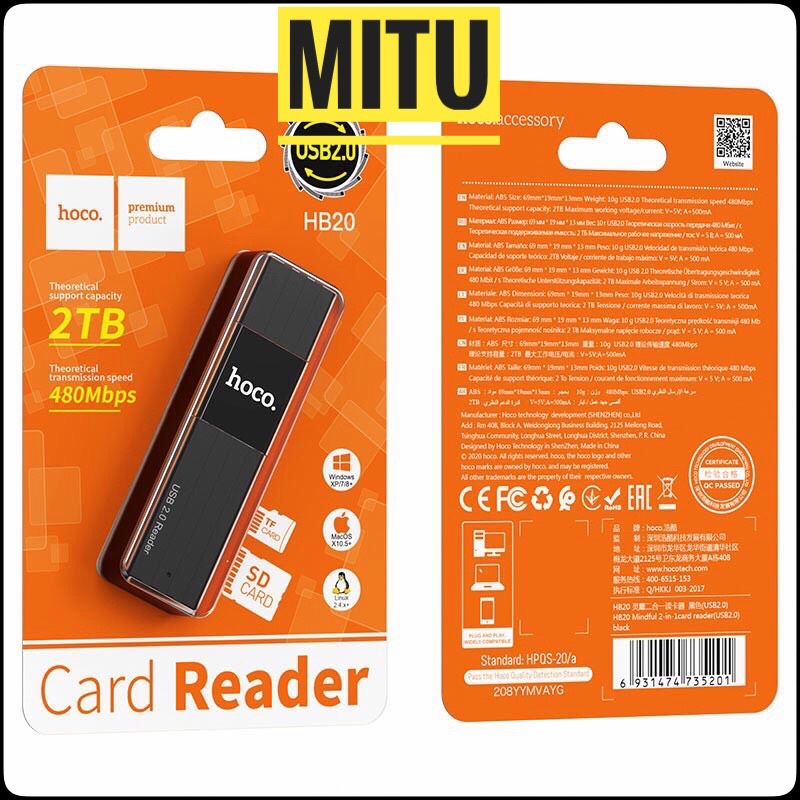 Đầu đọc thẻ nhớ 2.0 Hoco HB20 hỗ trợ khe microSD/SD - CHÍNH HÃNG