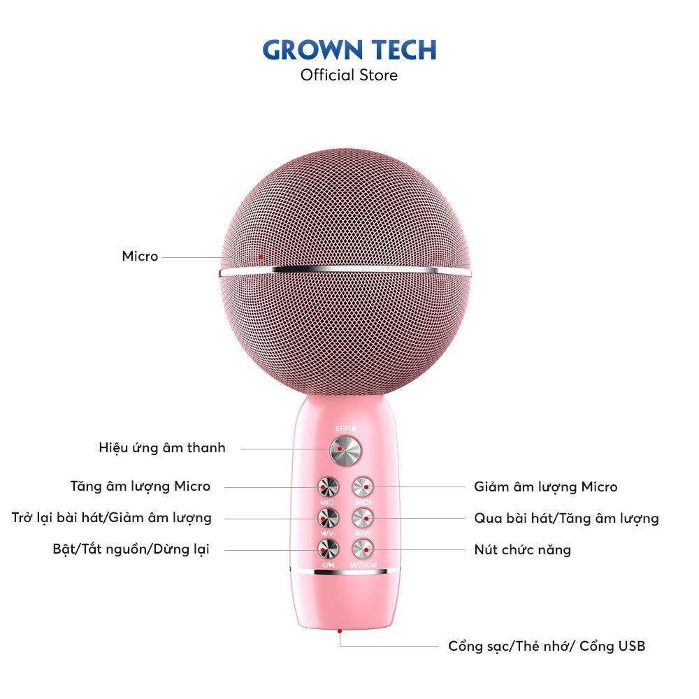 [Mã ELHACE giảm 4% đơn 300K] Micro bluetooth karaoke không dây GrownTech YS-08, livestream, thu âm, cầm tay