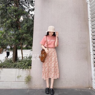 Set áo hồng + chân váy hoa