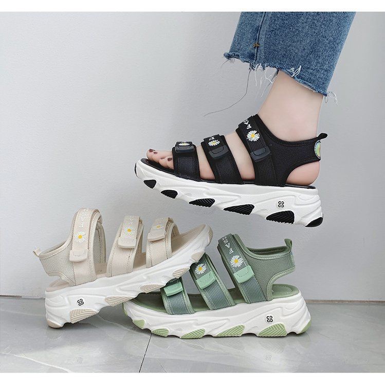 Dép Sandal (Xăng Đan) nữ độn đế 5cm thời trang ulzzang Hàn Quốc 3 quai dán in Hoa cúc cực xinh NB-15