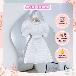 Đầm gấm trắng cổ đính đá khoét 2 bên eo angi home