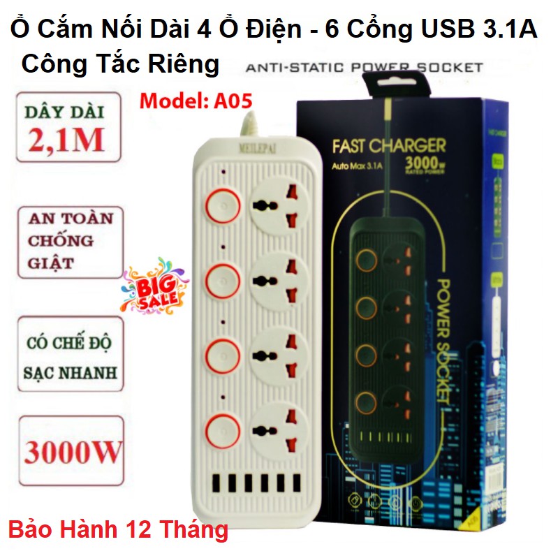 Ổ Cắm  Điện A05, Đa Năng Thông Minh, Tích Hợp 6 Cổng USB Sạc Nhanh 3.1A - Chống Cháy Nổ