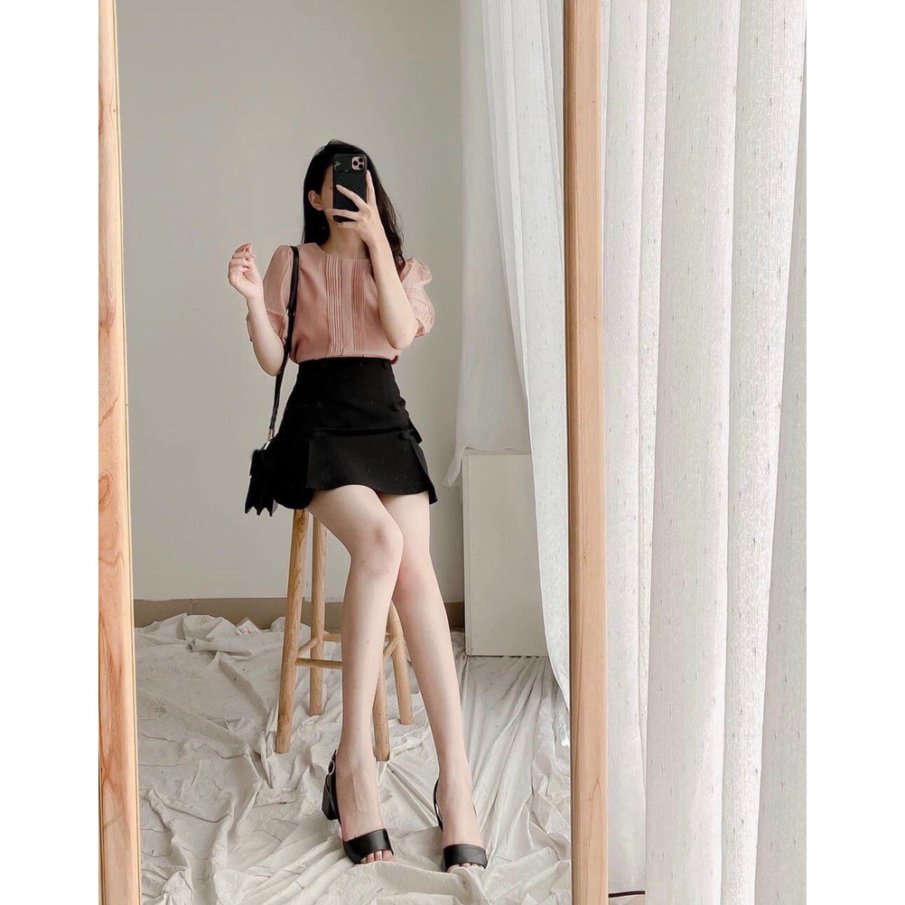 Áo sơ mi công sở nữ - áo sơ mi tơ nến tay bồng xếp ly nếp nhỏ thân trước 2 lớp