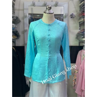 Áo bà ba nữ gấm xanh cổ tròn kết hột sang trọng, hàng may thủ công đẹp
